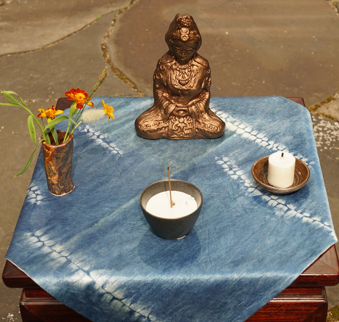 Image of Altar Cloth- Tenkozan Shibori Indigo on Hemp Silk in use 