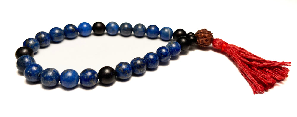 Lapis Lazuli, Ebony, and Rudraksha Wrist Mala
